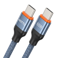 Kabel USB C ke USB C 60W Biru dengan Jalinan Kain, Kabel Pengisi Daya Tipe C untuk Ponsel, Tablet, Laptop, Mobil, dan Perjalanan