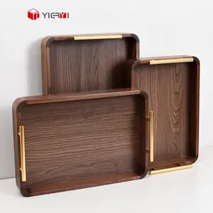 Juego de 3 bandejas para servir de madera de nogal con asas bandejas decorativas para servir plato para desayuno aperitivos barbacoa, mesa de centro fiesta