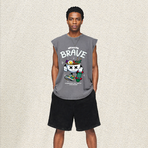 Gilet oversize pour homme délavé, imprimé dessin animé Brave Noodle <span class=keywords><strong>Bowl</strong></span> <span class=keywords><strong>Skate</strong></span>, style <span class=keywords><strong>skate</strong></span> urbain pour jeunes, entrepôt USA, vente en gros - Product Image 1