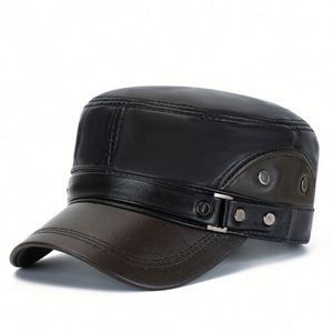 Casual Autumn Winter Flat Top Outdoor Warm <b>Hat</b> Genuine Leather Men Winter <b>Hat</b> - Product Image 1