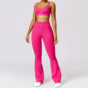 女式无缝针织线桃色打底裤瑜伽服套装运动跑步健身穿两件套健身房健身套装