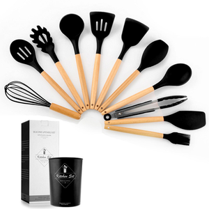 Juego de utensilios de cocina de 12 piezas con mango de madera de colores, utensilios de silicona de siete colores, kit esencial de suministros de cocina - Product Image 1