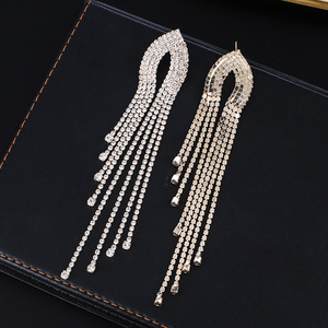Europe United States New Rhinestone Tassel <b>Long</b> <b>Earrings</b> Simple Multi-Layer Temperament Exaggerated Alloy Antique <b>Silver</b> Plated - Product Image 5