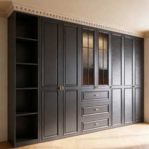 Armario de Madera Maciza de Lujo para Dormitorio, Diseño Personalizado, Puerta de Vidrio con Rejilla Negra, Iluminación Integrada, Vestidor - Product Image 2