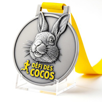 Médaille sportive en alliage de zinc argenté antique, thème animal lapin 3D, badge en émail souple avec cordon en satin jaune pour récompense de course amusante