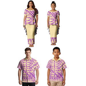 Ropa de Isla Personalizada, Camisa Formal Aloha para Padre e Hijo, Vestido Samoa para Madre e Hija, Falda con Dobladillo en Cola de Golondrina, Poliéster Floral de Invierno - Product Image 1