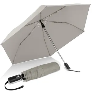 Hochwertiger 210T pongee Stoff graue Farbe flach vollautomatisch leicht tragbar superkompakter dreifach faltbarer Regenschirm