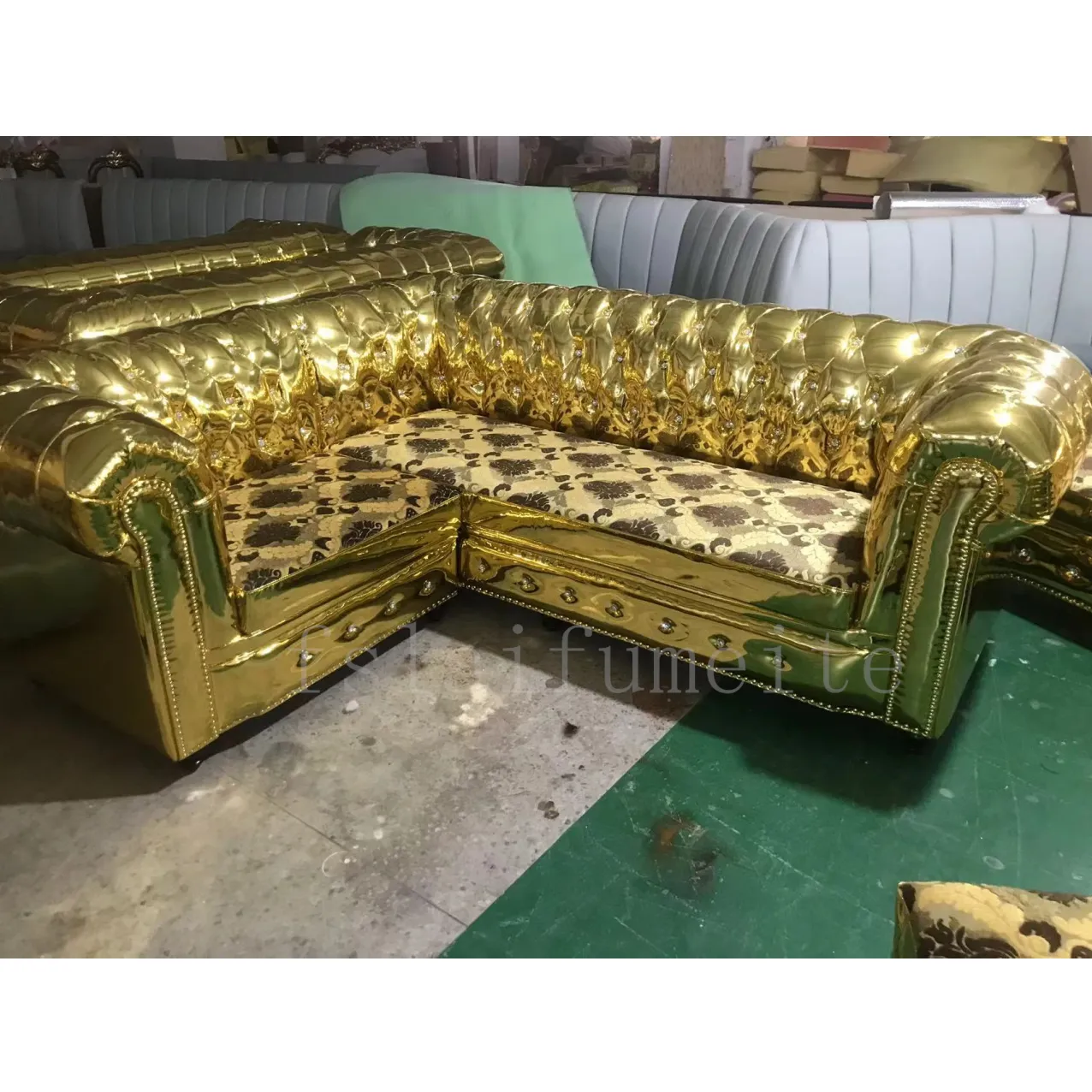 Conjunto de sofá de couro pu, conjunto de sofá de couro com botões tufados de ouro modular discoteca luxo ktv clube noturno sofá clube noturno móveis para venda