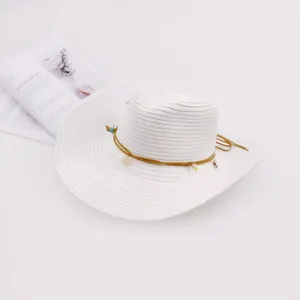 Classic Western Upturned Wide Brim 8.5cm Shell Decoration Paper Straw Cowboy Hat