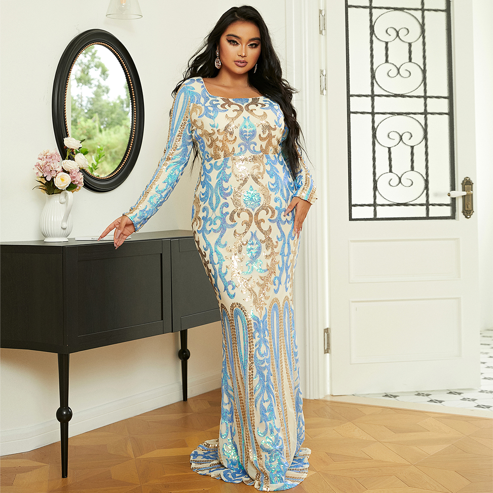 Plus Size Full Sleeve Mermaid Sequin Long Elegant Dresses