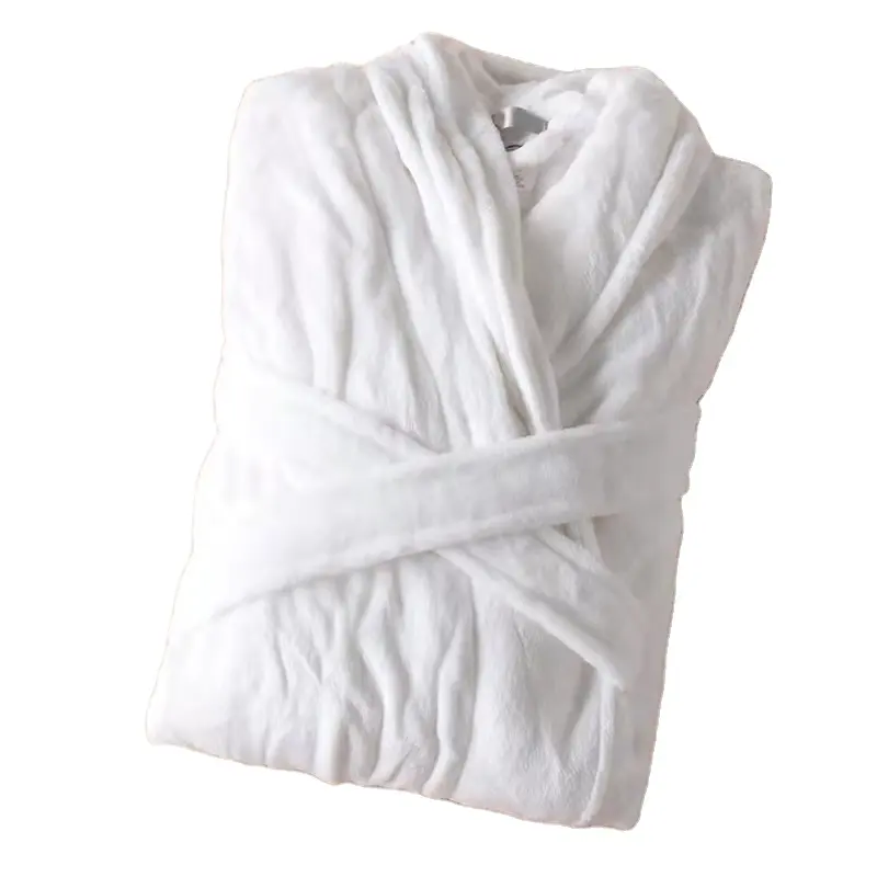 White Color Flannel Shawl Collar Bathrobe MOQ 1 Piece Coral Fleece Bath Robe Women's Sleepwear