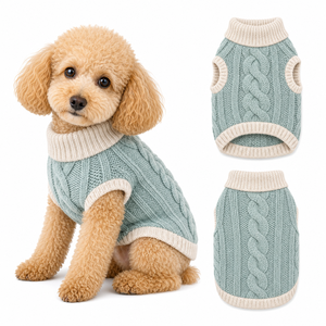 Chaleco sin mangas para perro de punto trenzado con cuello medio alto y ribetes en contraste, ropa de alta moda para mascotas, suave, elástico y cálido, tipo jersey. - Product Image 1