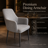 Fauteuil de salle à manger, tissu tissé gris, accoudoirs incurvés, pieds coniques noirs pour restaurant, hôtel, café, banquet et bar