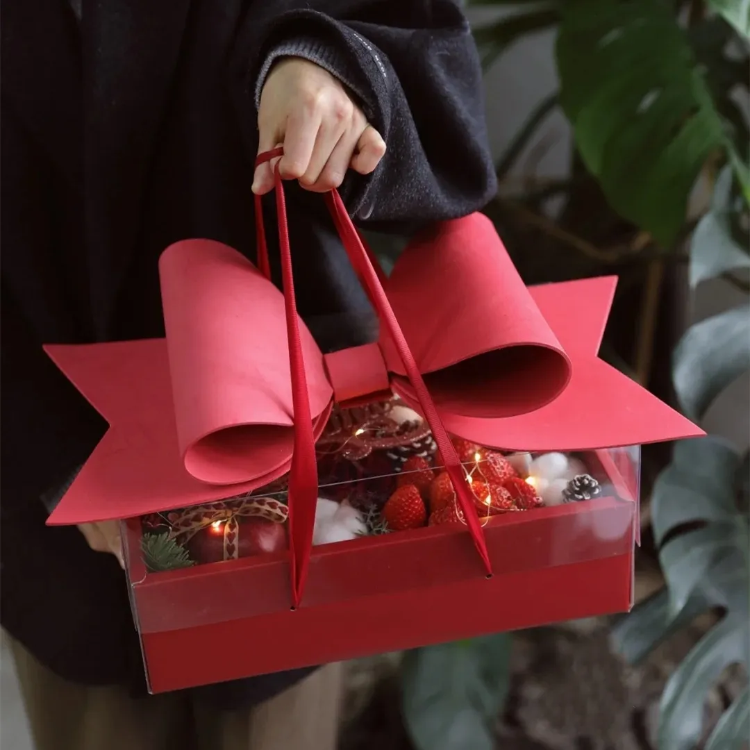 Popular Flower Packaging Valentine's Day Portable Transparent Fruit Rose Flower Box with Bow