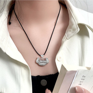 Collar de cuerda trenzada con colgante de candado de la longevidad de plata de ley 925 estilo chino Kaiming, cadena para suéter de uso diario - Product Image 1