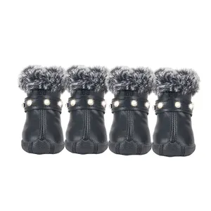 Brand leather warm winter fashion small dog shoes boots socks with rabbit fur shoes top for teddy small dogs pet