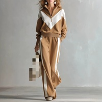Ensemble de survêtement décontracté contrasté automne-hiver, sweat à capuche zippé pour femme, pantalon large
