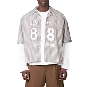 Custom OEM Boxy Cropped <strong>Short</strong> <strong>Sleeve</strong> Button up <strong>Men</strong> Plaid <strong>Shirts</strong> <strong>Check</strong> Turn Down Collar Letter Printed Cotton <strong>Men</strong> <strong>Shirt</strong> - Product Image 1