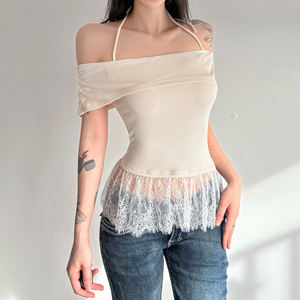 Korean-style girly one-<b>shoulder</b> lace-spliced hem sweet <b>top</b> contrast-colored slim-fitting versatile <b>off</b>-<b>shoulder</b> T-shirt - Product Image 5