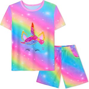 Girls Pajamas Sets Colorful <strong>Unicorn</strong> Tie Dye Summer Pajamas 2 Piece Short Sleeve Indoor Custom Pajama Set - Product Image 1