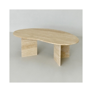 Mesa de Centro de Piedra Natural Beige Pulida de Estilo Nórdico Moderno, Mesa de Café de Travertino - Product Image 1