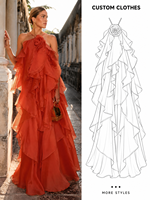 Robe longue élégante en mousseline à volants et épaule unique pour femme, motif floral bleu, idéale pour les fêtes et mariages (OEM)