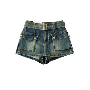 Jupe-culotte en jean élastique lavée et polyvalente, coupe trapèze à jambe large, style américain rétro avec grandes poches - Product Image 5