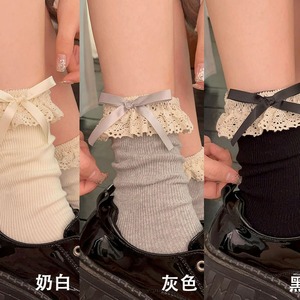 Unisex Crew-Socken mit Spitzenmuster, bedruckt, aus Baumwolle, gestrickt, über dem Knie, im Frühlings-Ballett-Stil, kleine Lederschuhe mit Schleife - Product Image 6