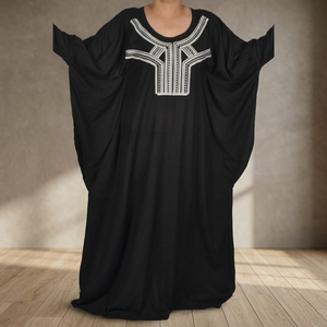 Belle broderie et manches chauve-souris en tissu Choix de robe de couleur noire en bambou, coton, polyester écologique à vendre - Product Image 3