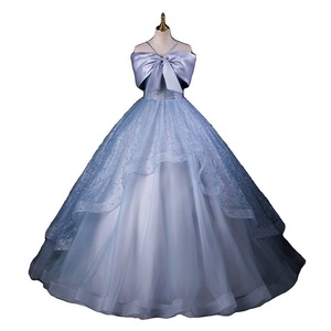 Off-The-Shoulder Evening Gown Blue Empire Waist Bow Detail For Annual Meeting - Product Image 5