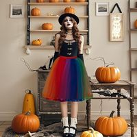Rok Tutu Pelangi Vintage Wanita, Gaun Organza Berlapis Warna-Warni, Pinggang Tinggi, Panjang Sedang, Desain Lipit, Cepat Kering, Anti Kusut