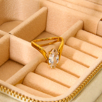 Bague empilable double couche en acier inoxydable plaqué or 18 carats avec zircon cubique marquise ondulé, tendance INS, pour femme