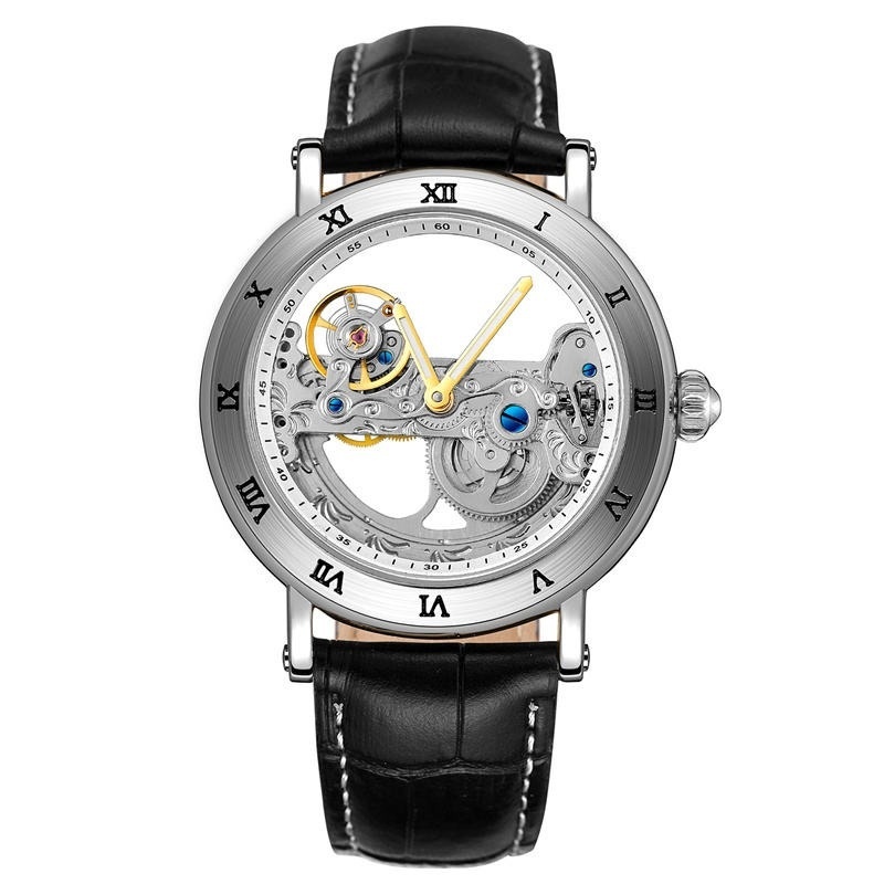 Bracelet en cuir noir avec cadran argenté