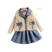 Nouvel ensemble trois pièces transfrontalier pour filles : gilet en jean à fausse fourrure, pull tricoté et jupe – Style Europe & Amérique, collection automne-hiver