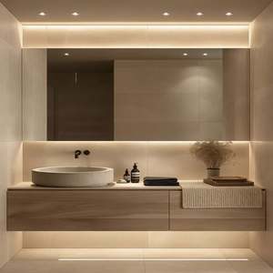 Meuble-lavabo mural en bois pour salle de bain |   Armoire en bois naturel + évier |   Conception éclairée par LED pour les salles de bain de petite taille - Product Image 1