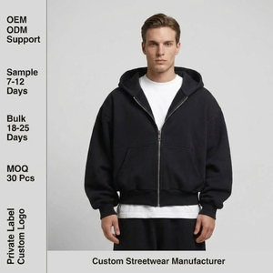Sudadera con Capucha y Cremallera Recortada <span class=keywords><strong>de</strong></span> Algodón <span class=keywords><strong>de</strong></span> Lujo 500 GSM con Logo 3D Bordado Personalizado, Forro Polar Grueso Negro <span class=keywords><strong>de</strong></span> Alto Gramaje con Cremallera para Hombre - Product Image 1
