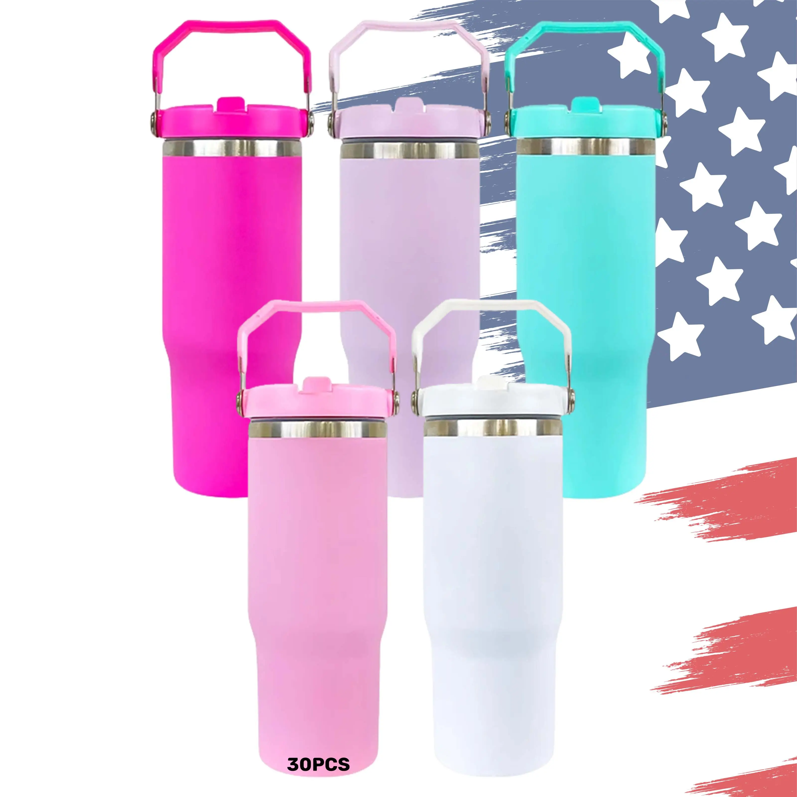 Portable Leak Proof Straight Powder Coated Stainless Steel Vacuum Insulated 30oz Sublimation Tumbler with Handle and Straw Lid