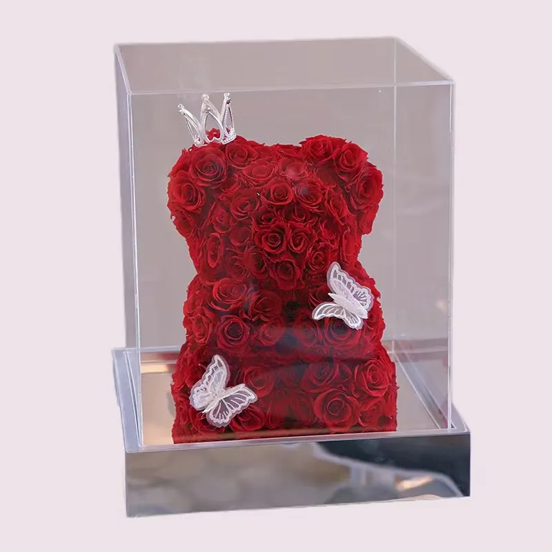 Wholesale Cute Preserved Red Rose Bear Gifts Teddy Bear Preserved Roses Preserved Roses Flower Bear In Mirror Acrylic Box