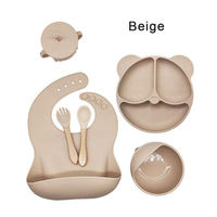 Offre Spéciale : Ensemble d'alimentation jetable pour bébé et tout-petit – Assiette ronde en silicone motif visage souriant, bavoir, bol compartimenté, cuillère, fourchette, tasse à motif imprimé