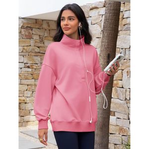 Sweat-shirt oversize pour femme à manches longues, col Henley à boutons-pression, coupe ample, pull décontracté, respirant, en maille, avec capuche - Product Image 5
