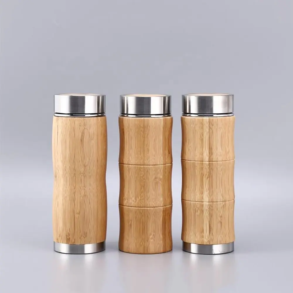 420ML Double Walled Stainless Steel 18/8 Bamboo Cover Vacuum Insulated Travel Thermos Water Bottle with Tea Infuser