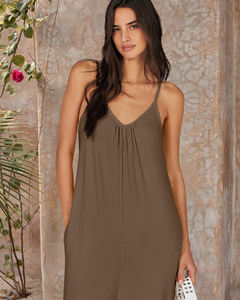 Mono de Verano 2025 para Mujer, con Tirantes Finos, Holgado, Informal, de Color Sólido, sin Mangas, con Cuello en V Profundo y Bolsillos - Product Image 6