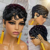 Pelucas sin encaje de cabello virgen al por mayor, pelucas vietnamitas de cabello humano corto estilo pixie, peluca rizada natural pre-arrancada con flequillo sin pegamento