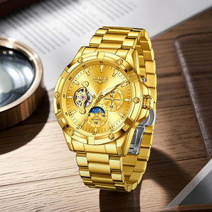 Reloj mecánico automático Lige para hombre, correa de acero inoxidable dorada, fase lunar, resistente al agua, luminoso, multifuncional - Product Image 3