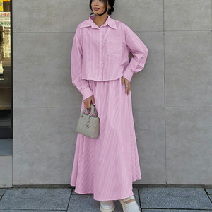 Clothing Manufacturers <strong>Pink</strong> Striped Fashionable Elegant Casual Shirt Top And Long Skirt Sets Women 2 Piece <strong>Outfits</strong> - Product Image 1