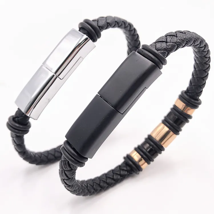 Pulsera trenzada de cuero PU para hombre, brazalete multiimán, Cable de recarga Triple, Usb, HRD