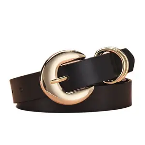 Cinturón de mujer hebilla ovalada pin hebilla versátil doble anillo Cinturón fino con jeans vestido señoras cinturón
