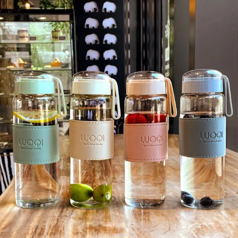 Wholesale 340/480ml for Hot Cold Tea Insulated clear Glass Water Bottle Drinkware Glass Water Bottles with silicone sleeve