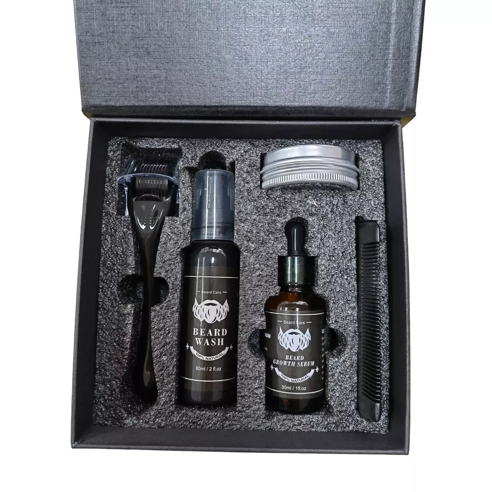 Nuovo design private label kit rullo per la crescita della barba kit per la cura della barba con olio per la crescita dei capelli kit per la cura della barba da uomo