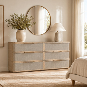Cómoda Japandi Premium de Roble Blanco Macizo con 6 Cajones e Incrustaciones de Ratán, Perfil Curvo de Lujo, Estilo Arquitectónico Moderno Orgánico - Product Image 2